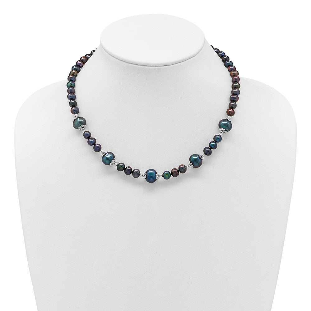Sterling Silver 6-9mm Black Near Round Cultured Pearl 5-station Necklace 18"