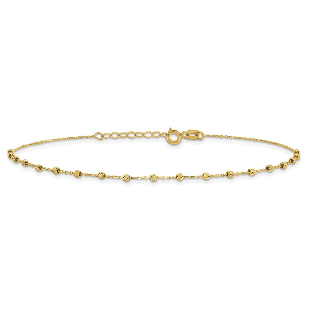 14k Yellow Gold Diamond-cut Bead and Chain 9" Plus 0.75" Extender 9.75" Anklet