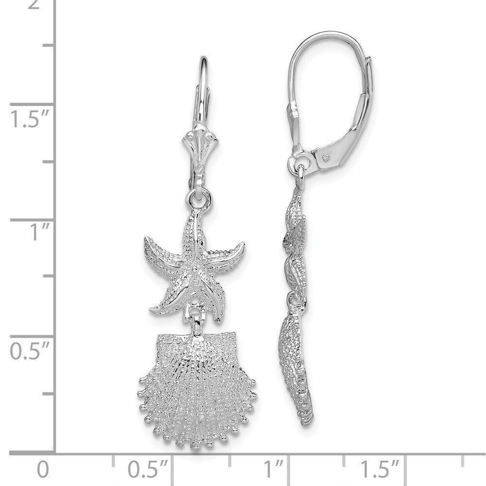 Sterling Silver Rhodium-Plated Starfish and Shell Leverback Earrings