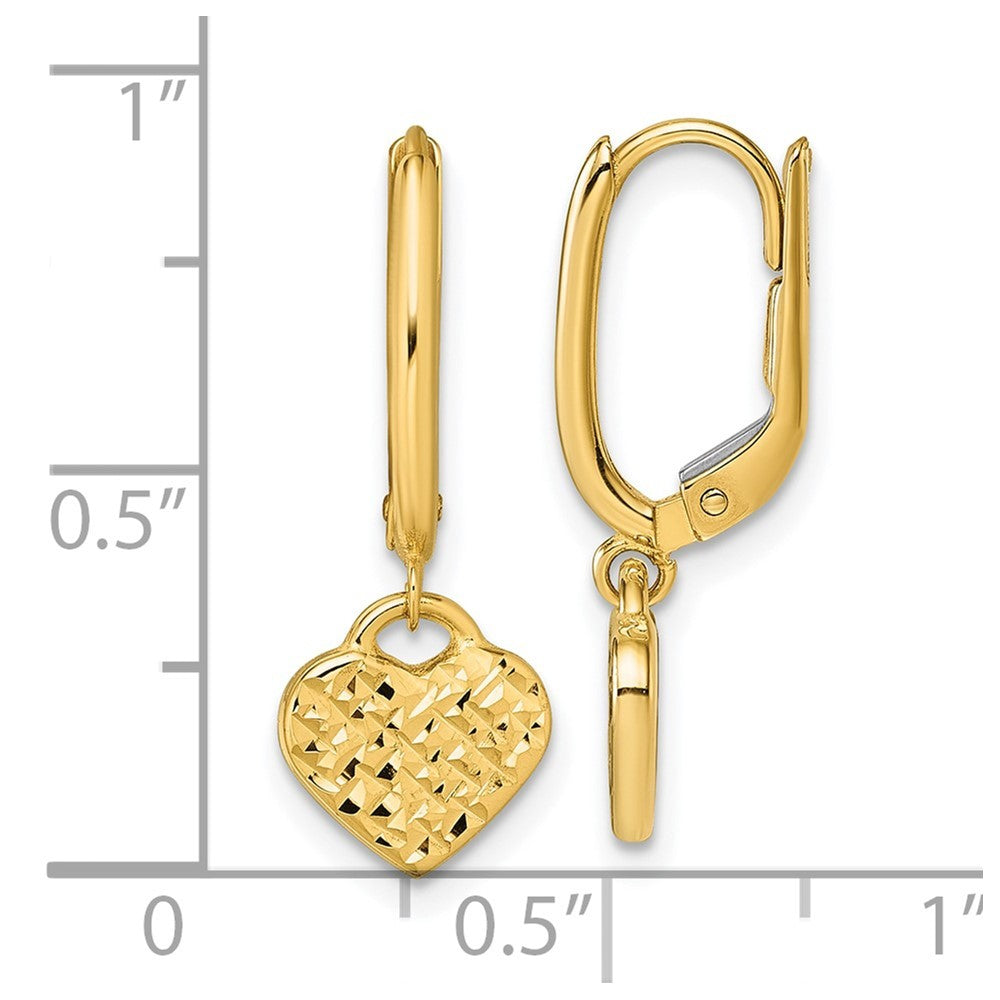 14k Yellow Gold Polished Diamond-cut Heart Dangle Leverback Earrings