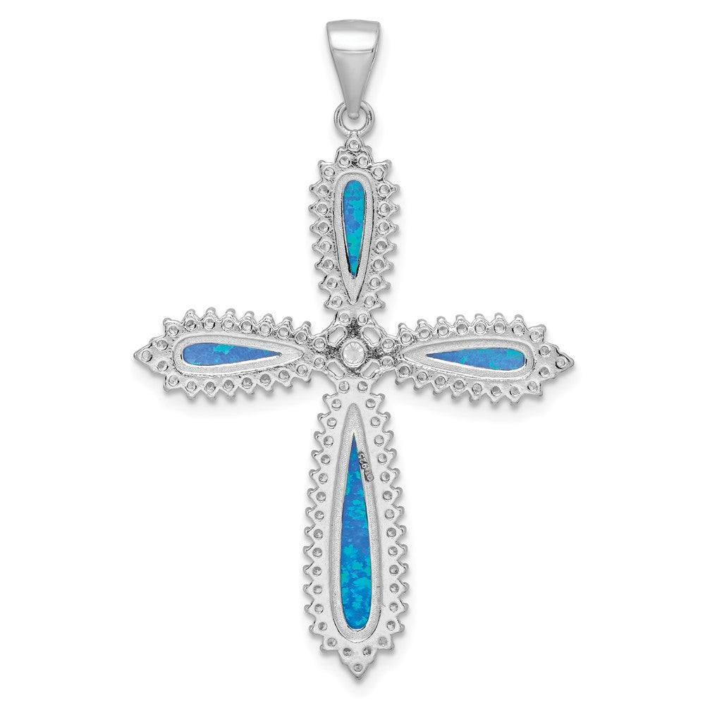 Sterling Silver Blue Created Opal & Cubic Zirconia Border Cross Pendant