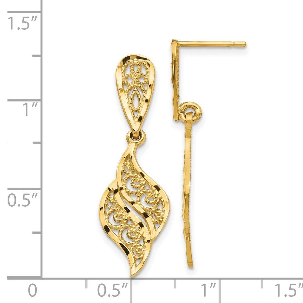 14k Yellow Gold Polished & Diamond-Cut Filigree Swirl Dangle Earrings