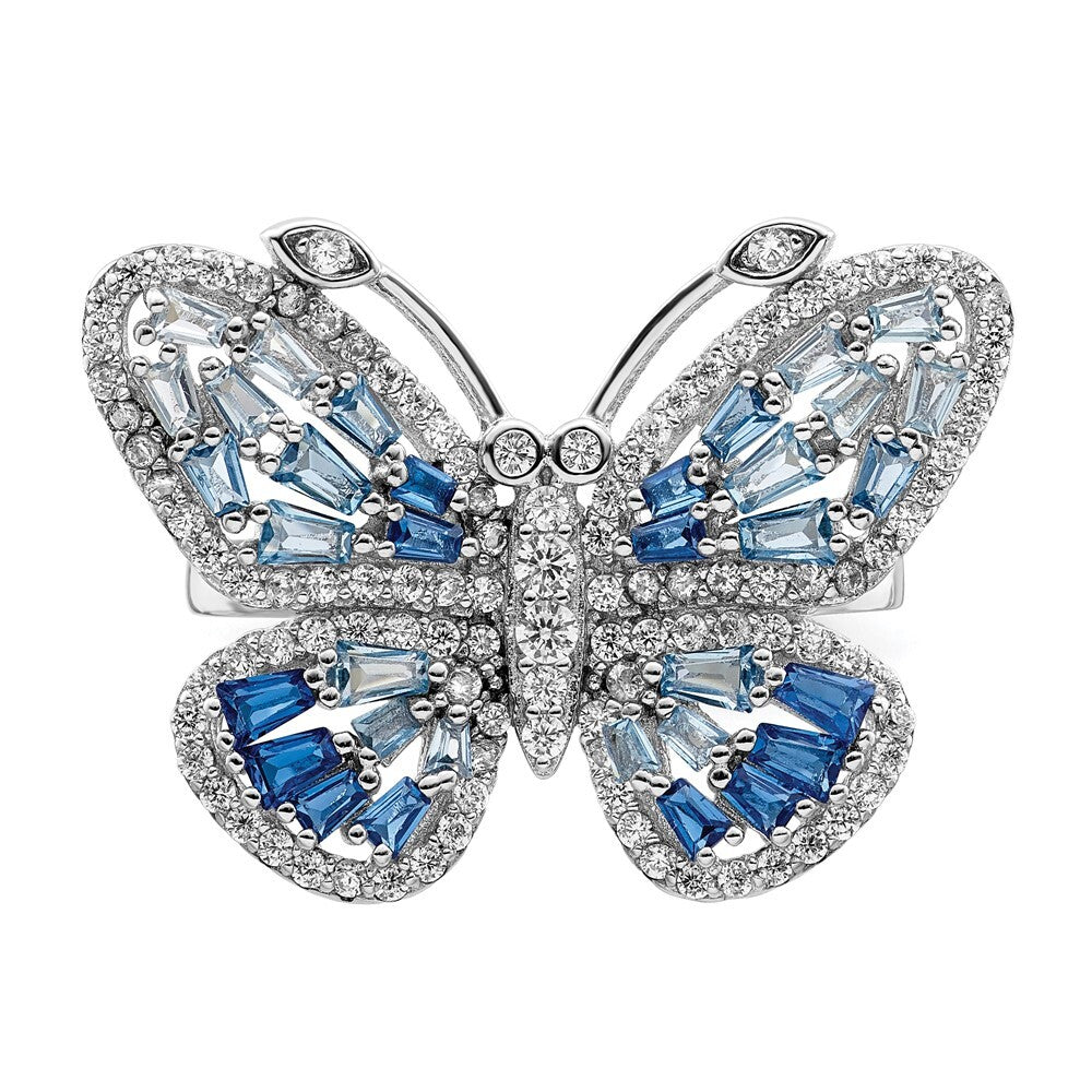 Sterling Silver Rhodium-plated Polished Blue & White CZ Butterfly Ring Size 6
