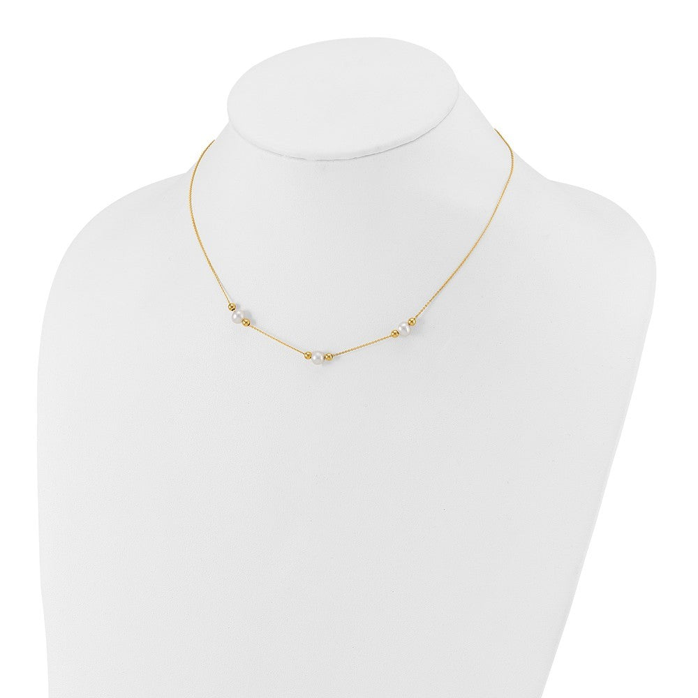 14k Yellow Gold Polished FWC Pearl and Bead 3 Station 16in w/2 in ext. Necklace