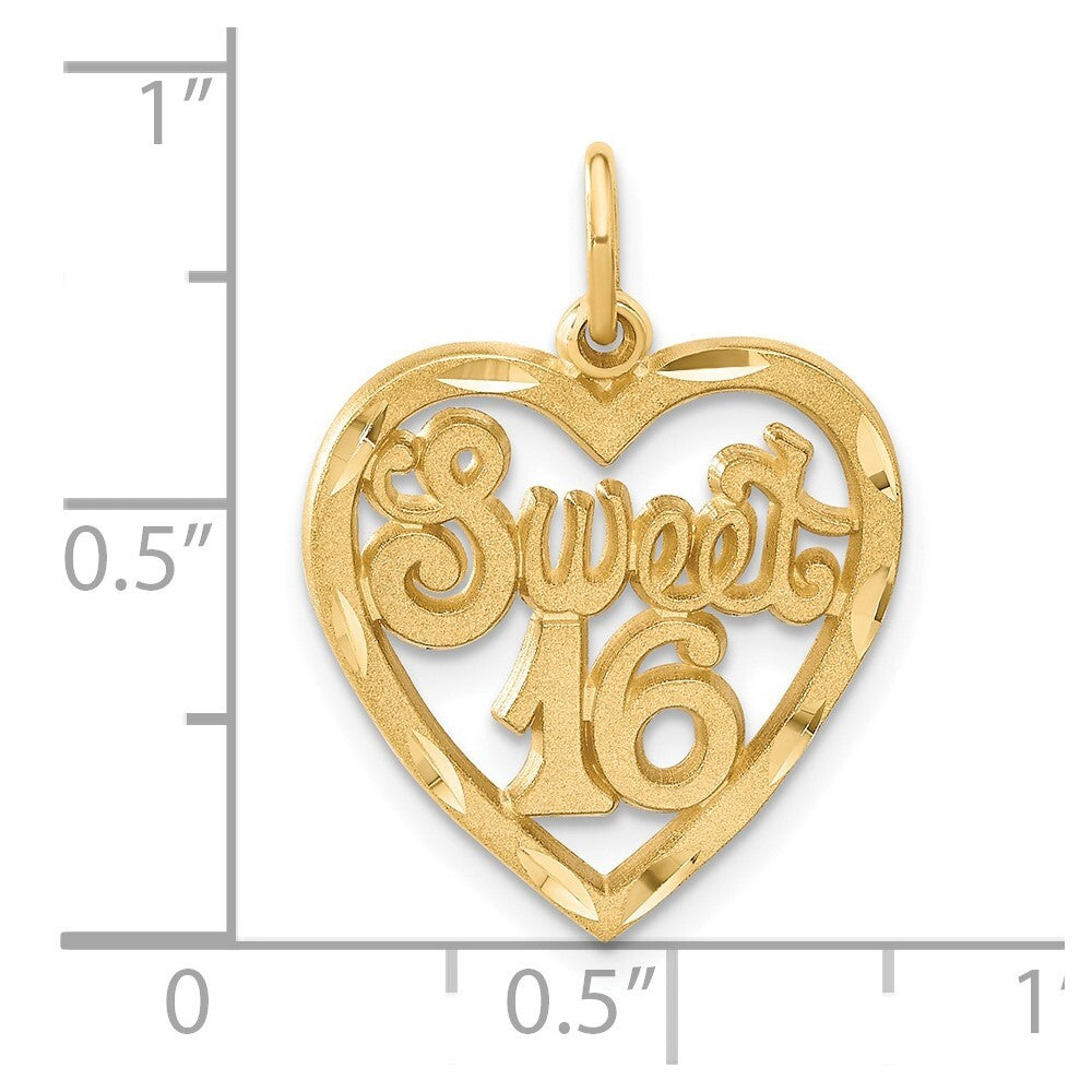 14k Yellow Gold SWEET 16 in A Heart Charm Pendant for Women