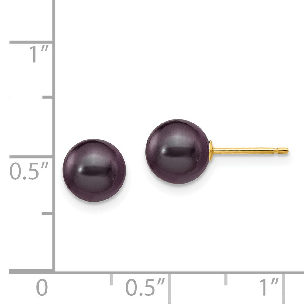 14k Yellow Gold 7-8mm Black Round Freshwater Cultured Pearl Stud Earrings
