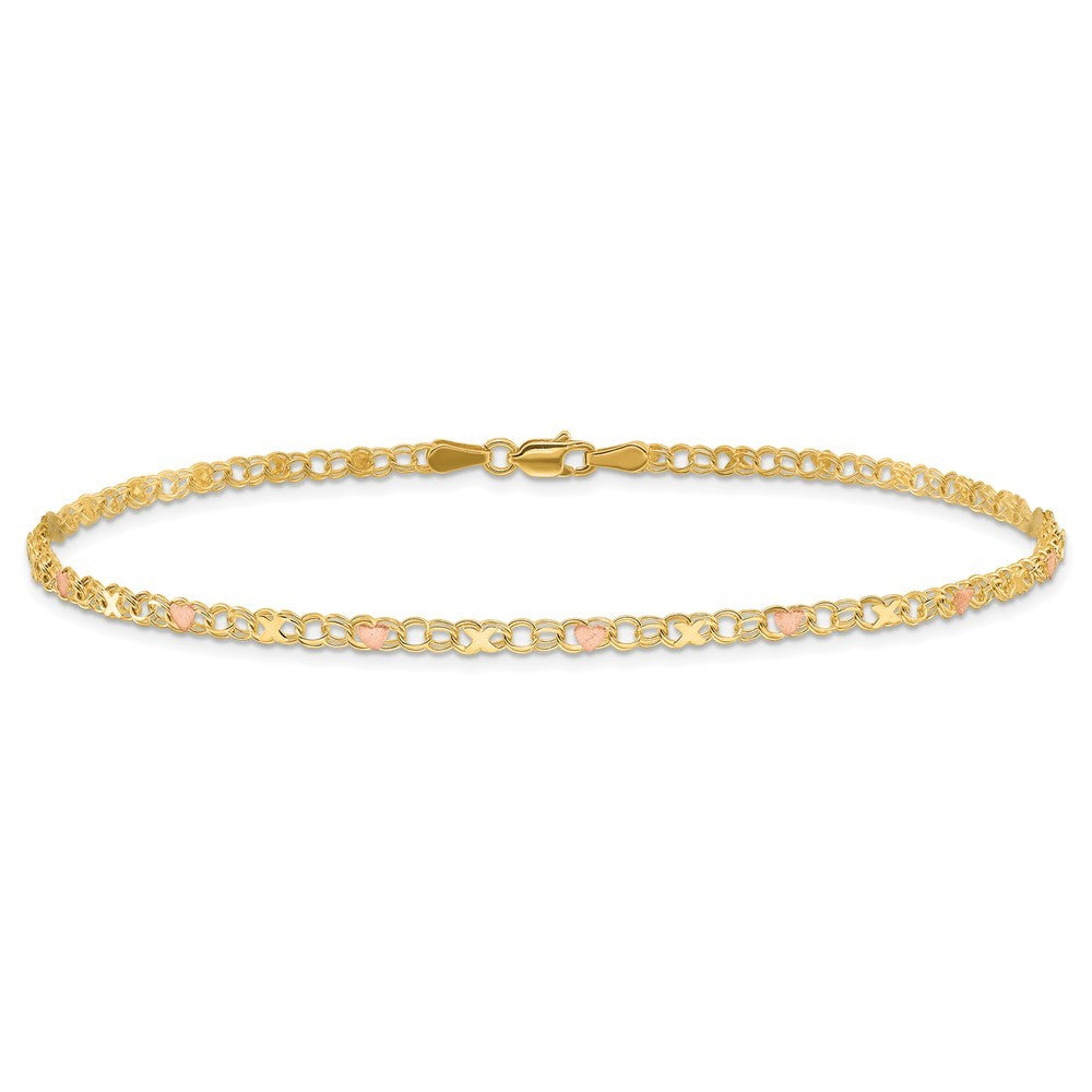 14k Polished and Satin Rose-plated X-and-Heart 9 inch Anklet