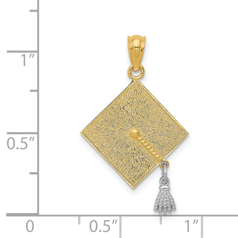 14k Yellow Gold Rhodium 3-D Graduation Cap Moveable Tassel Pendant for Women