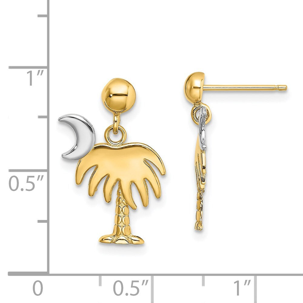 14k Yellow Gold Rhodium Charleston Palm Tree Moon Dangle Earrings
