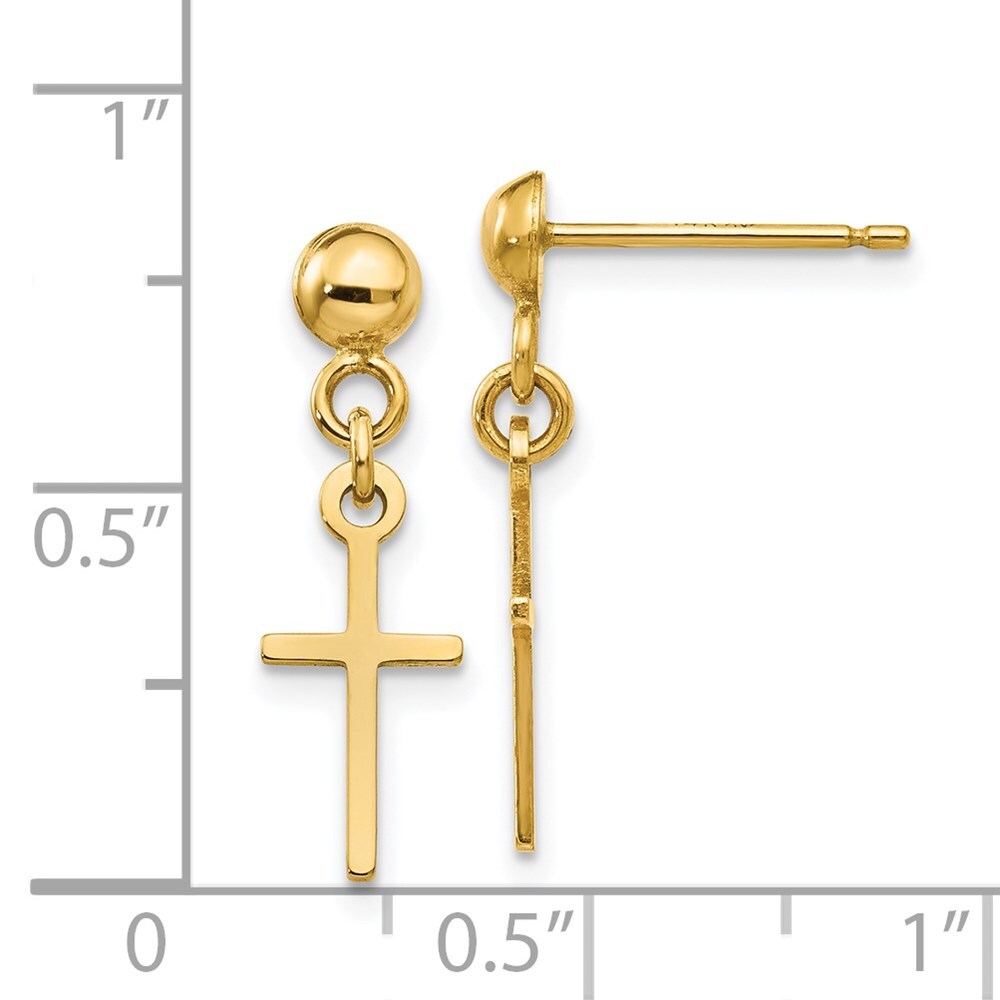 14k Yellow Gold Polished Cross Dangle Earrings Gift for Women