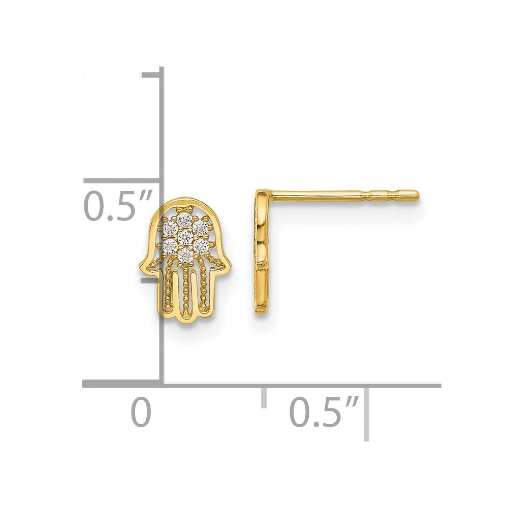 14k Yellow Gold Polished Cubic Zirconia Hamsa Stud Earrings Gift for Women