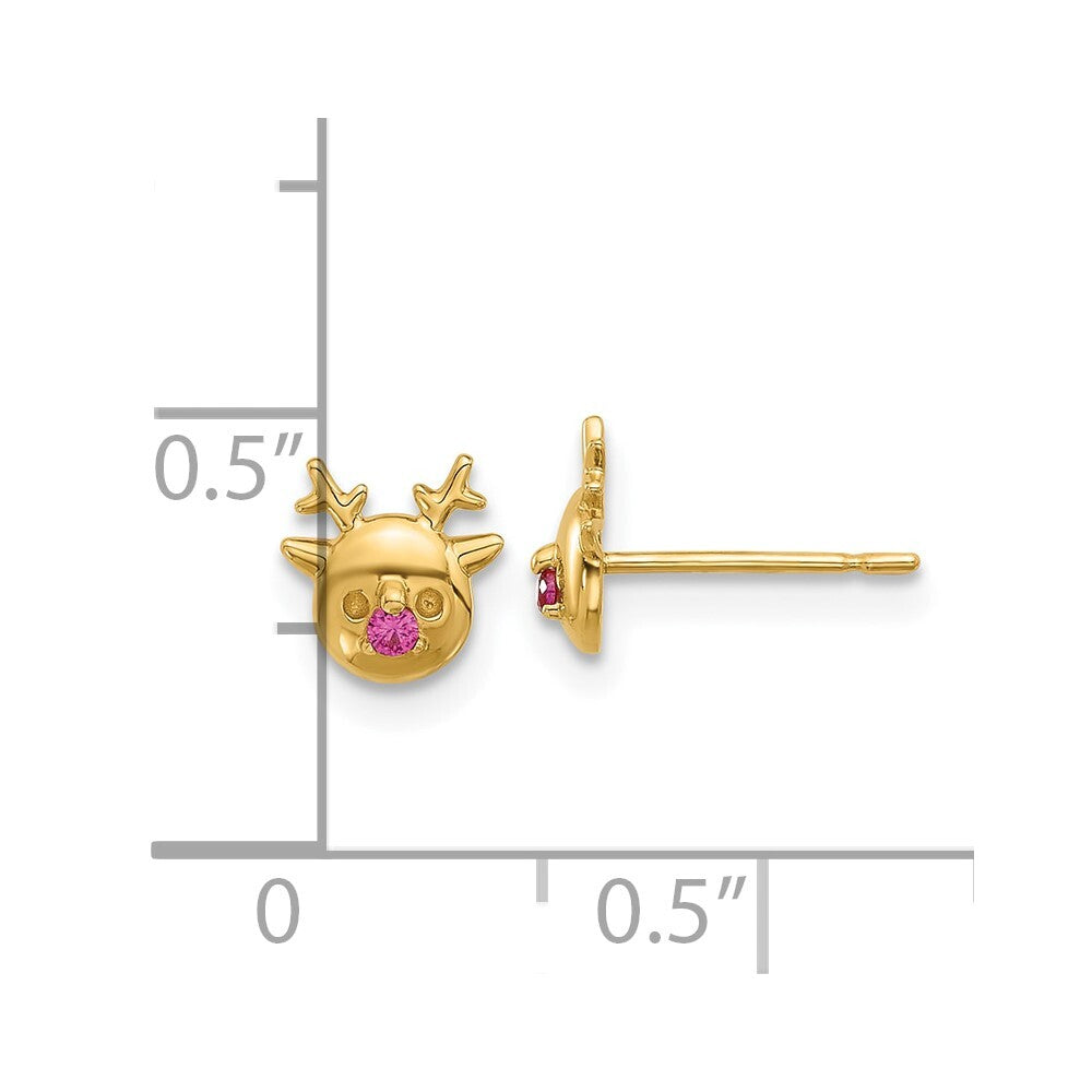 14k Yellow Gold Polished Cubic Zirconia Reindeer Stud Earrings Gift for Women