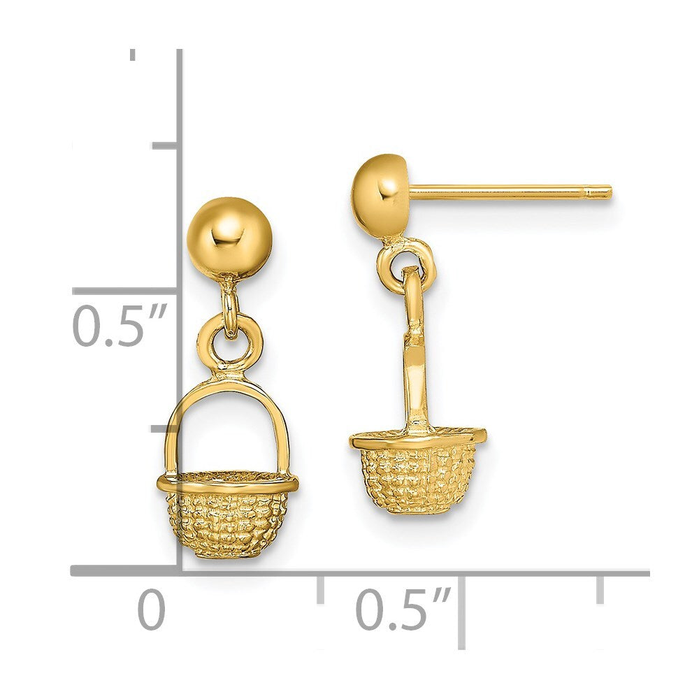 14k Yellow Gold 3-D Mini Basket Drop Stud Earrings Gift for Women