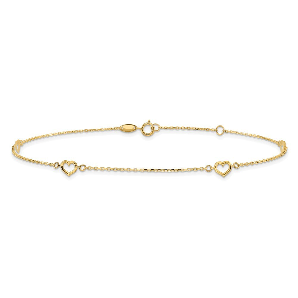 14k Yellow Gold Open Hearts 4-Station 11" Anklet