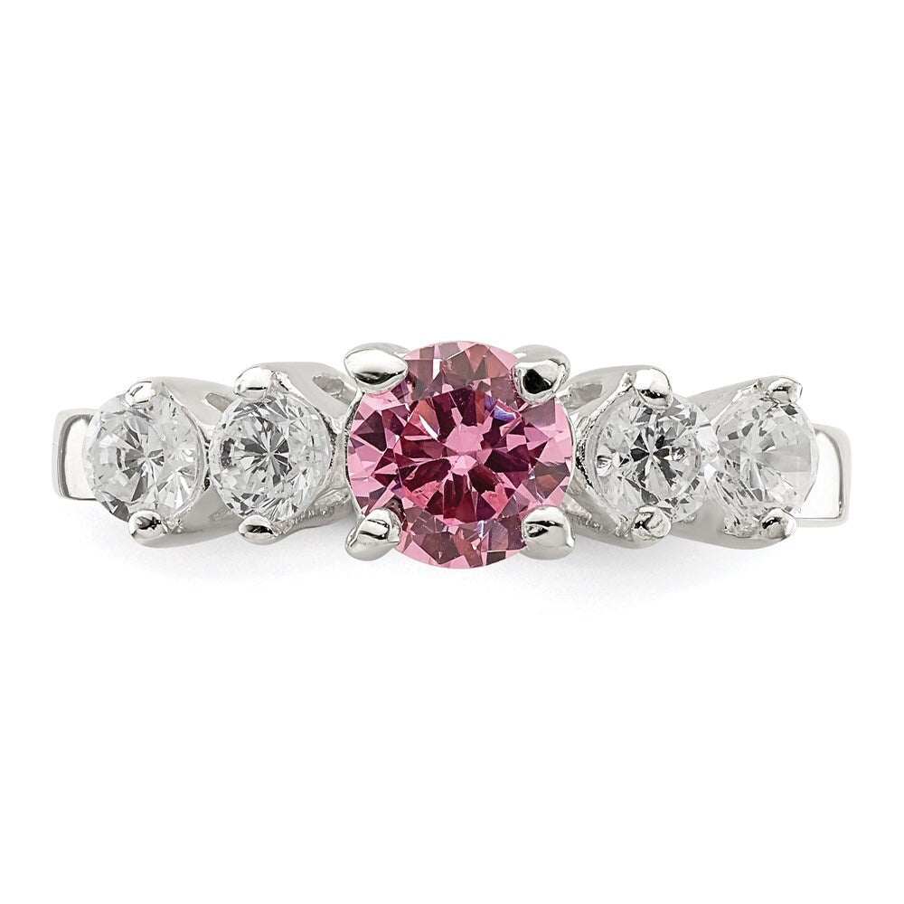 Sterling Silver Pink Round Cubic Zirconia w/Side Stones Ring Size 8