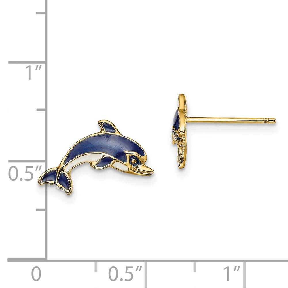 14k Yellow Gold Blue and White Enamel Dolphin Stud Earrings Gift for Women