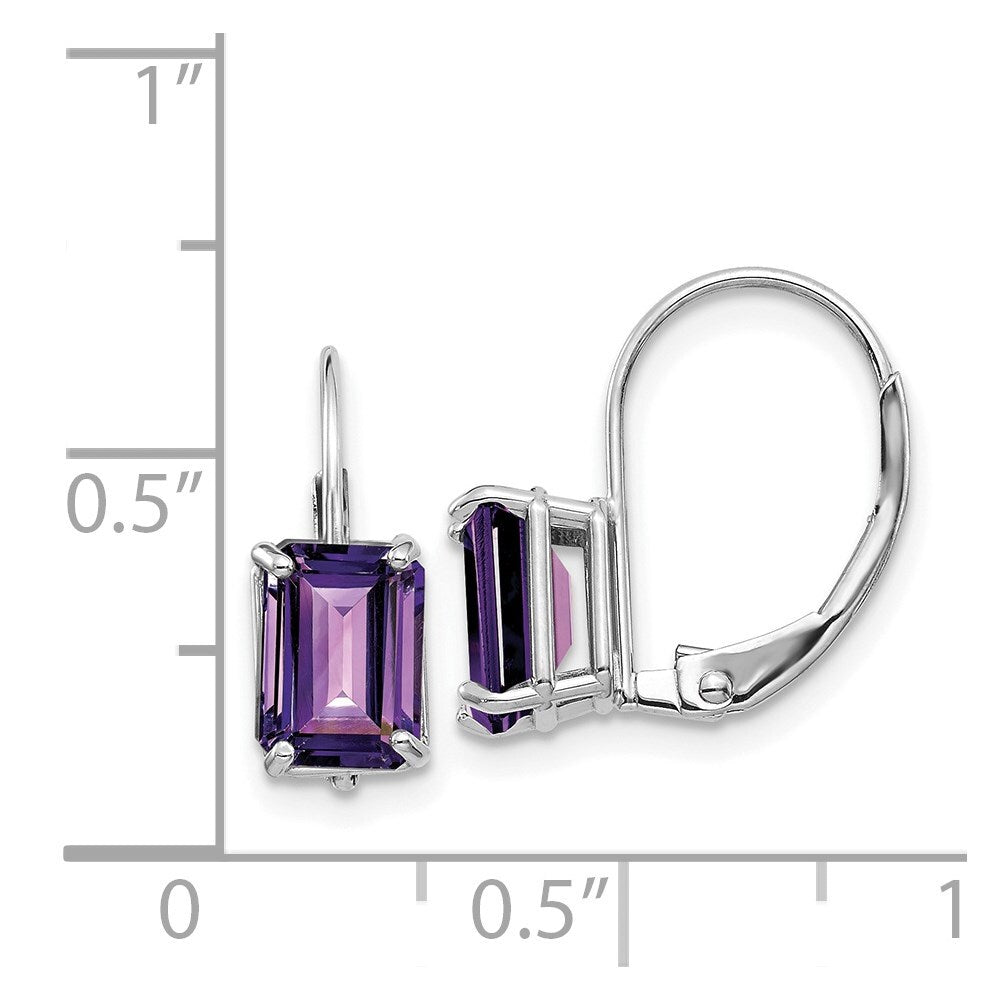 14k White Gold 7x5mm Emerald Cut Amethyst Leverback Earrings Gift for Women