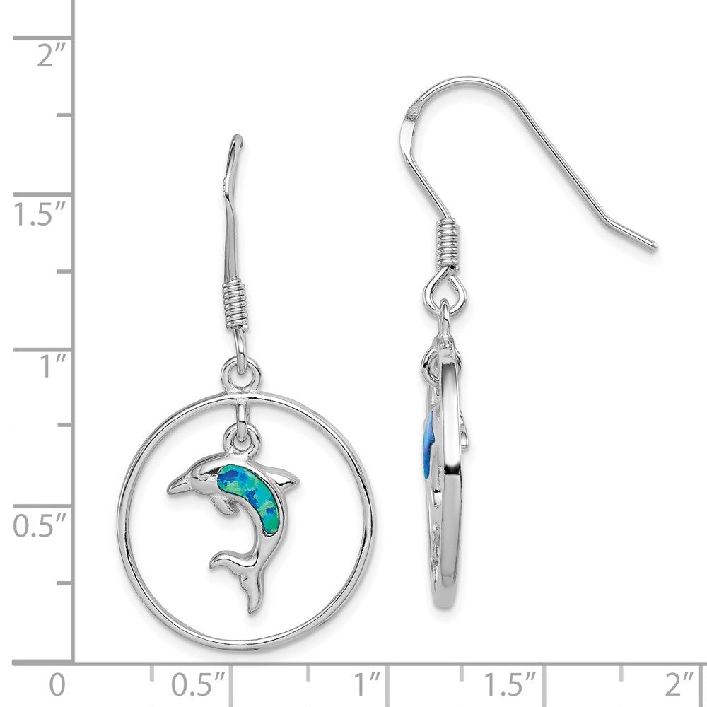 Sterling Silver Polished Created Blue Opal Dolphin Dangle Earrings
