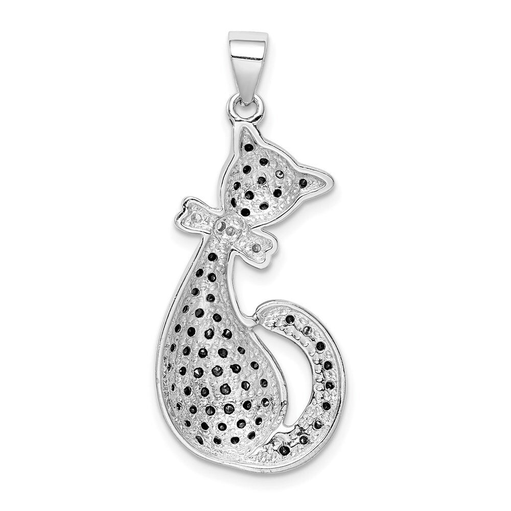 Sterling Silver Rhodium-plated Black & White Cubic Zirconia Cat with Bow Pendant