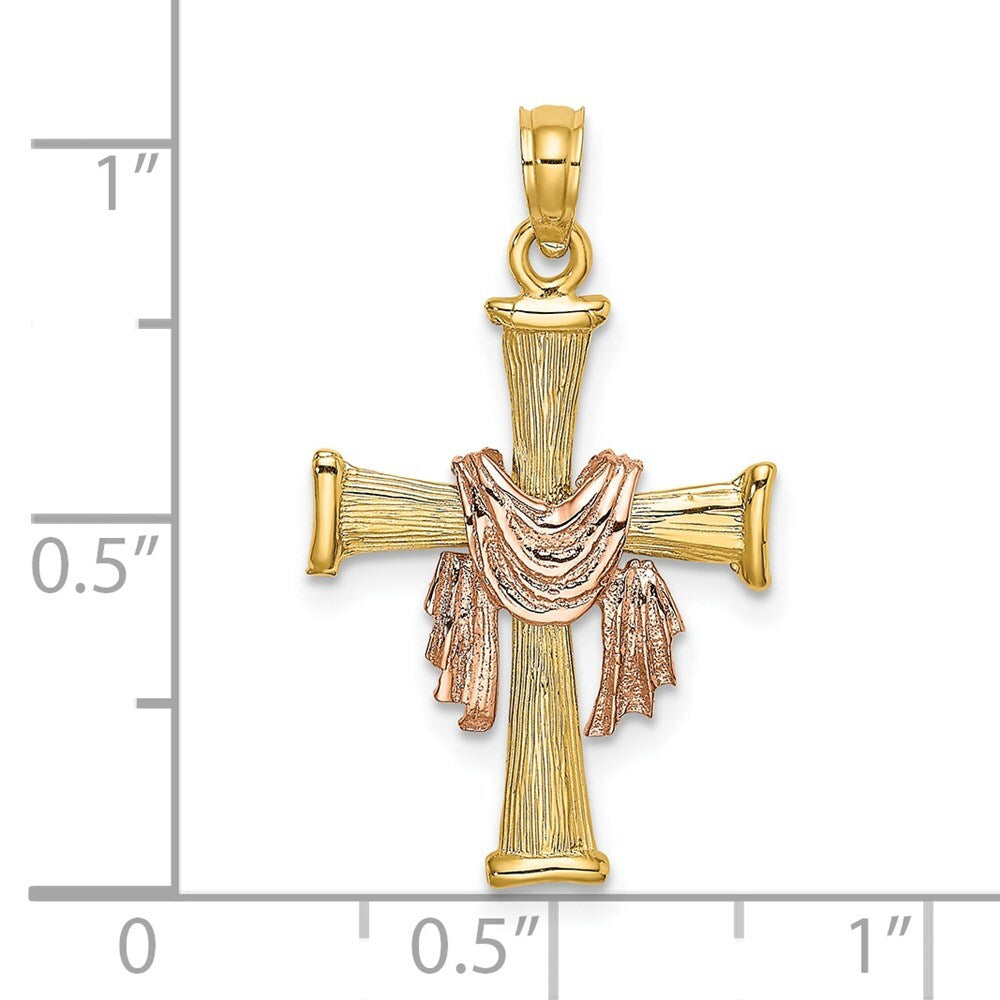 14k Two-tone Gold 14l Two-Tone Textured Finish Cross Drape Charm Pendant