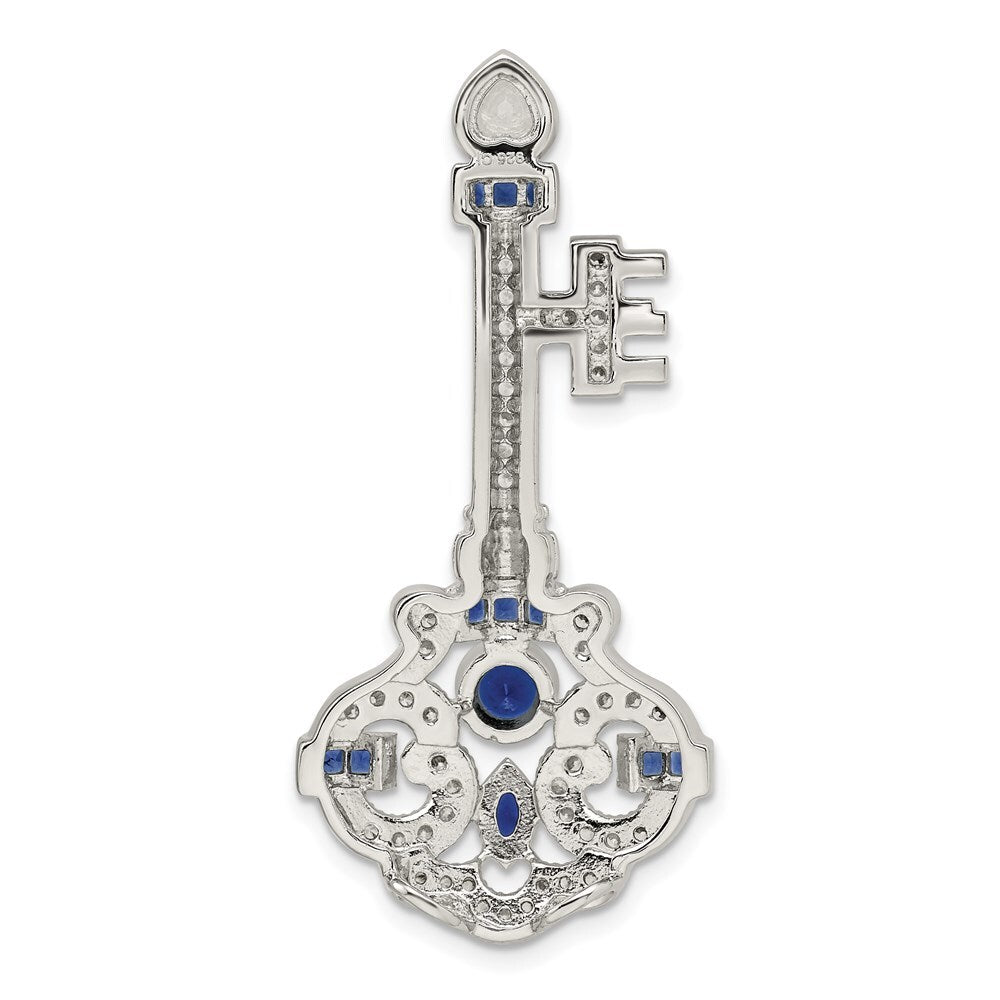 Sterling Silver Rhodium-plated Blue and Clear Cubic Zirconia Key Slide