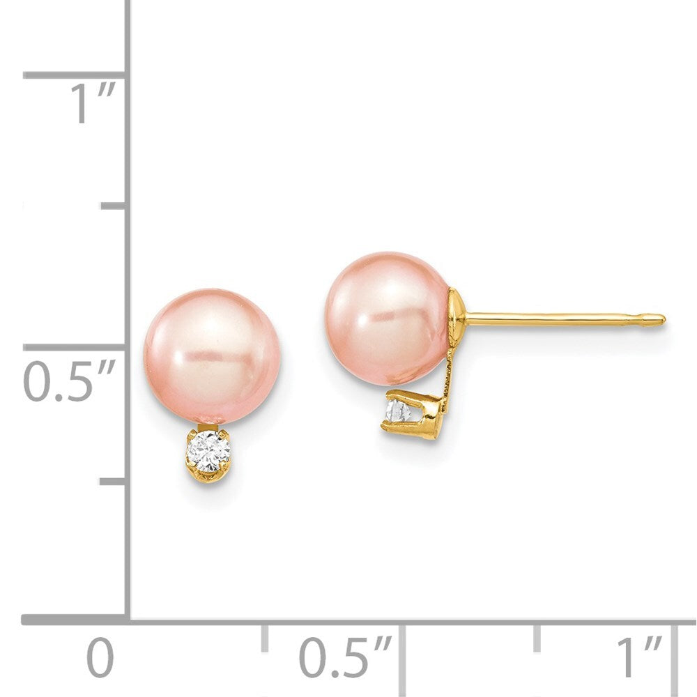14k Yellow Gold 6-7mm Pink Cultured Pearl & .06 Carat Diamond Stud Earrings