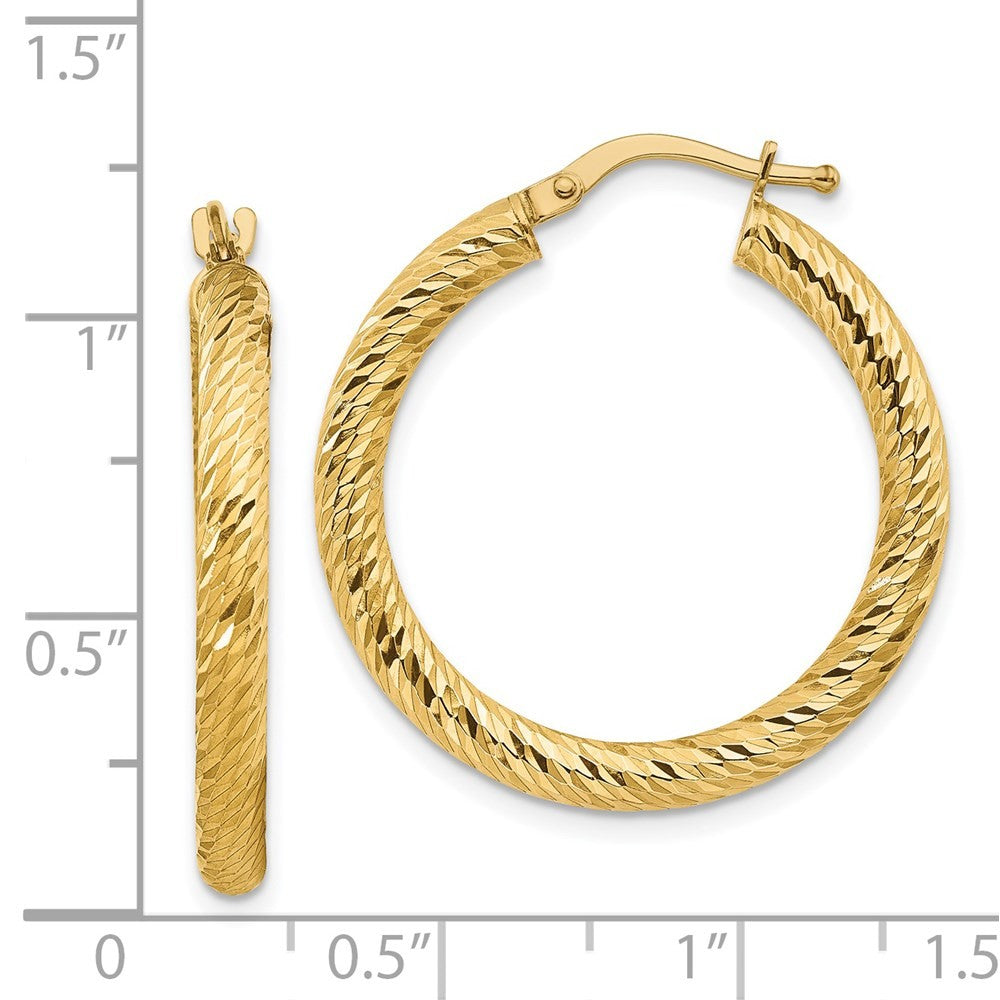 14k Yellow Gold 3x20mm Diamond-cut Round Hoop Earrings