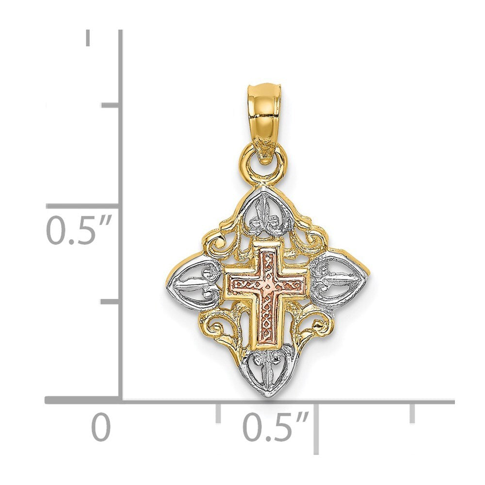 14k Two-tone Gold White Rhodium Cross Inside Frame Charm Pendant