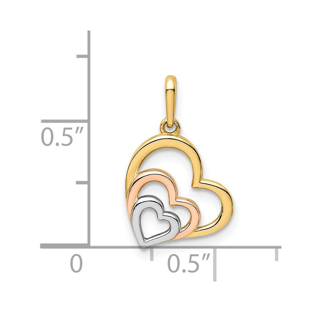 14k Yellow Gold Rose and White Rhodium Polished 3 Hearts Pendant for Women