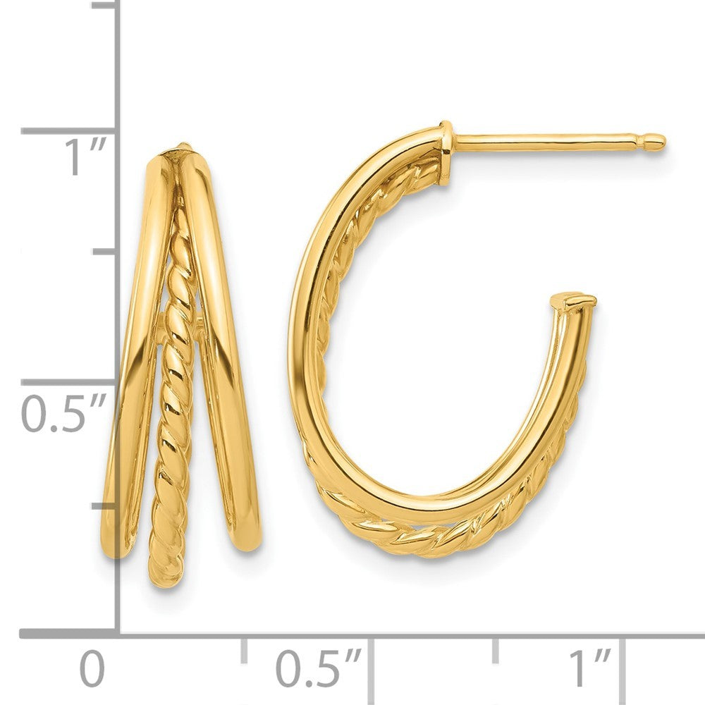 14k Yellow Gold Polished and Twist Oval Multi Row J-Hoop Earrings