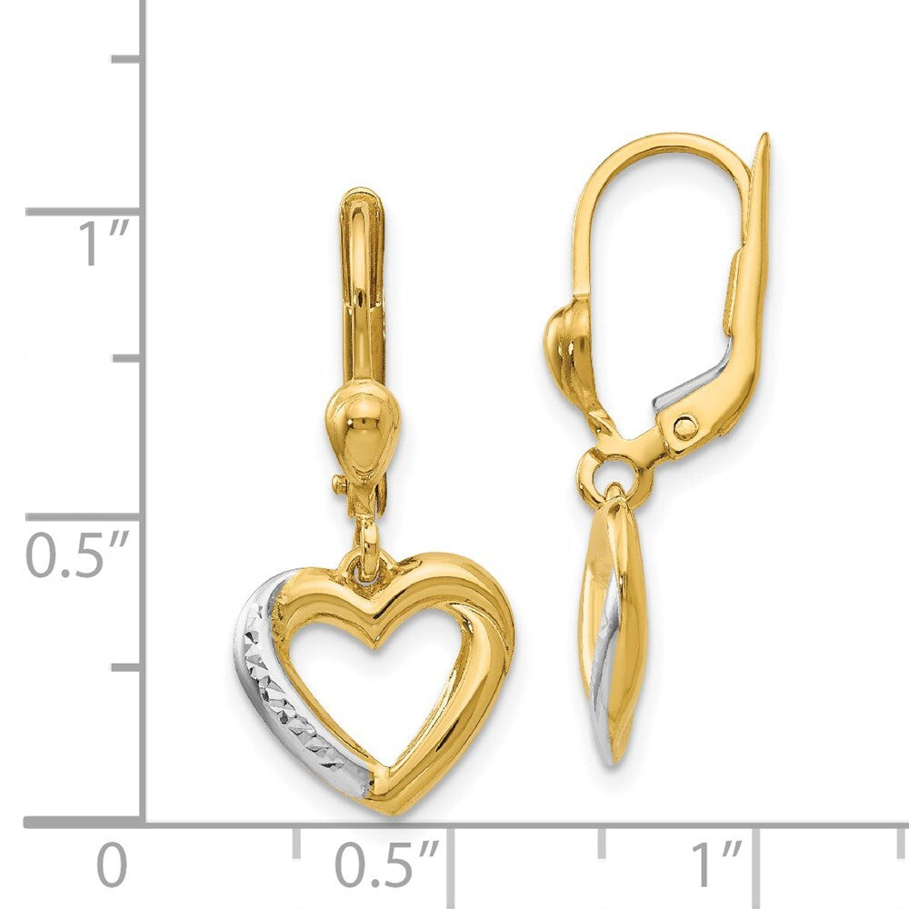 14k Yellow Gold and Rhodium Textured and Polished Heart Leverback Earring