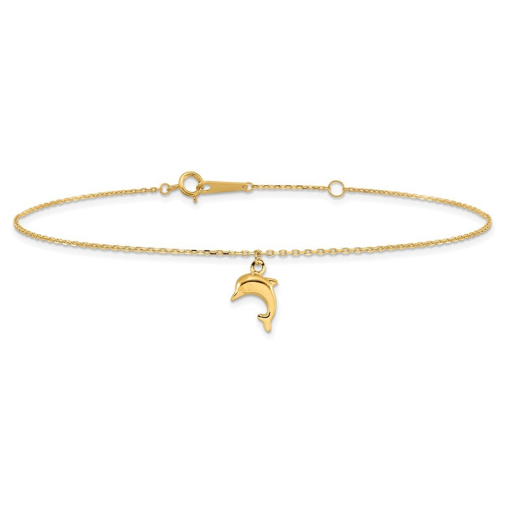 14k Yellow Gold Dolphin Charm Dangle 10" Anklet