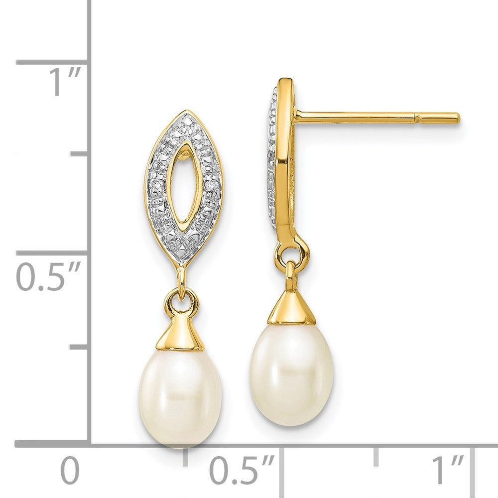 14k Yellow Gold 7x5mm White Teardrop FWC Pearl .01ct Diamond Dangle Earrings