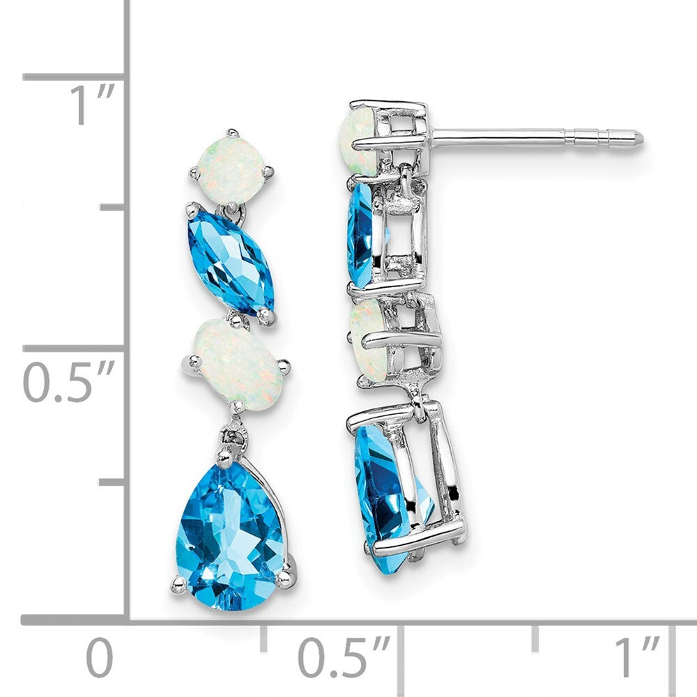 14k White Gold Blue Topaz and Opal Dangle Earrings Gift for Women