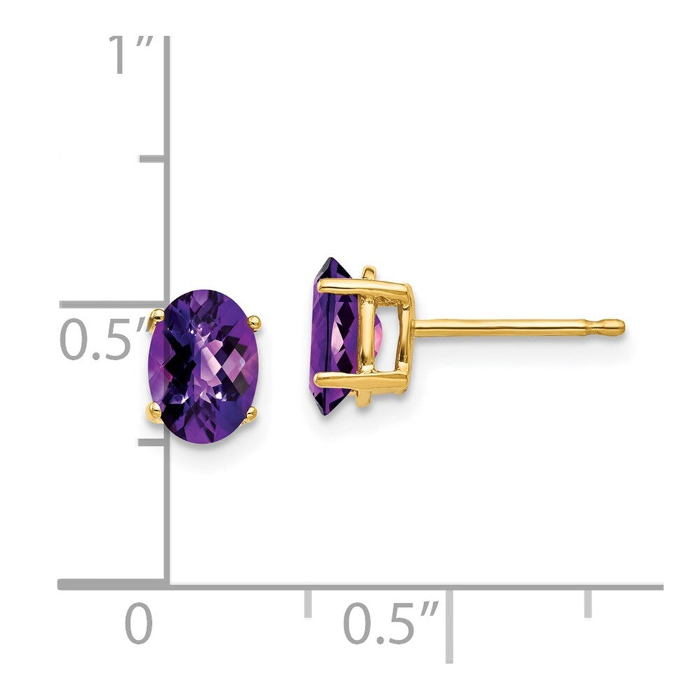 14k Yellow Gold 7x5mm Oval Amethyst Checker Stud Earrings