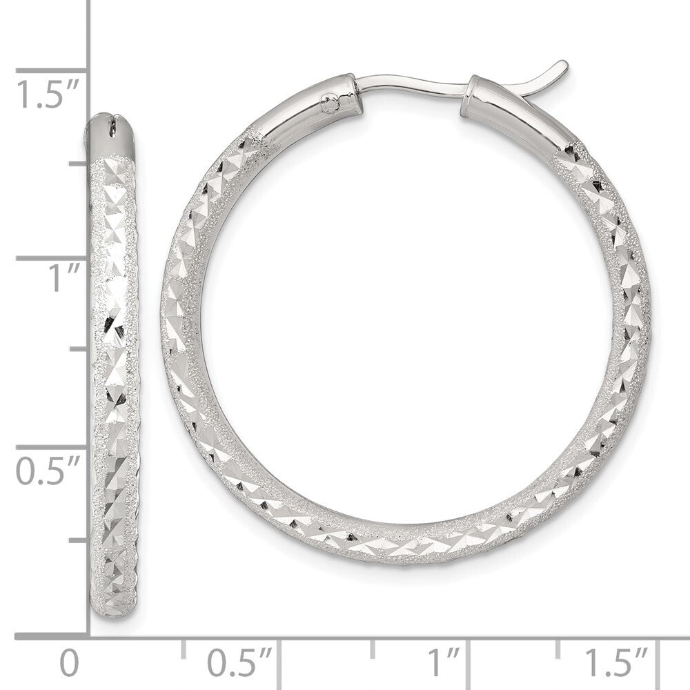 Sterling Silver Laser and Diamond-cut 35x3.25mm Hidden Catch Round Hoop Earrings