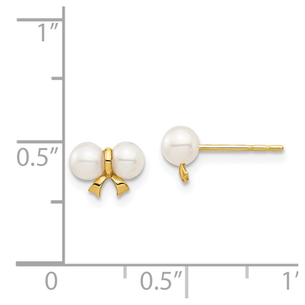 14k Yellow Gold 3-4mm White Round Freshwater Cultured Pearl Bow Stud Earrings