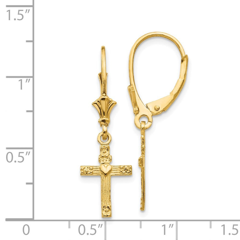 14k Yellow Gold Mini Cross with Heart Drop Dangle Earrings