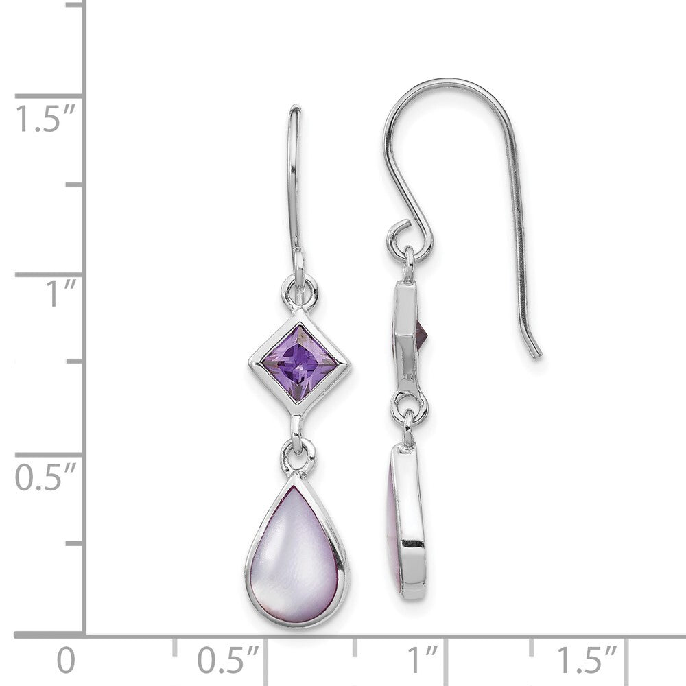 Sterling Silver Polished Purple Cubic Zirconia & MOP Teardrop Dangle Earrings