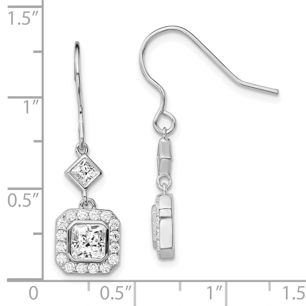 Sterling Silver Polished Square Cubic Zirconia Halo Dangle Earrings