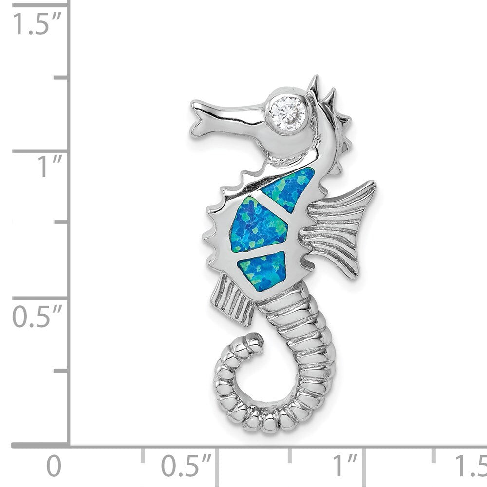 Sterling Silver Polished Created Opal and Cubic Zirconia Seahorse Chain Slide