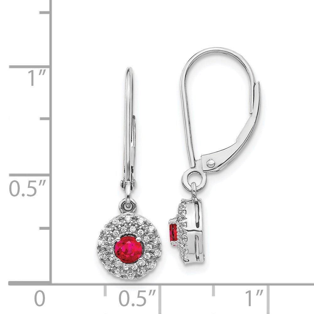 14k White Gold Diamond Halo Ruby Leverback Dangle Earrings