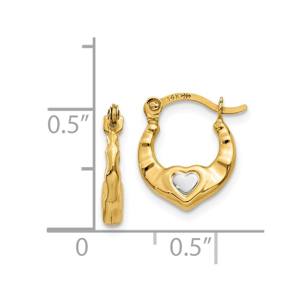 14k Yellow Gold & Rhodium Heart Hollow Hoop Earrings Gift for Women