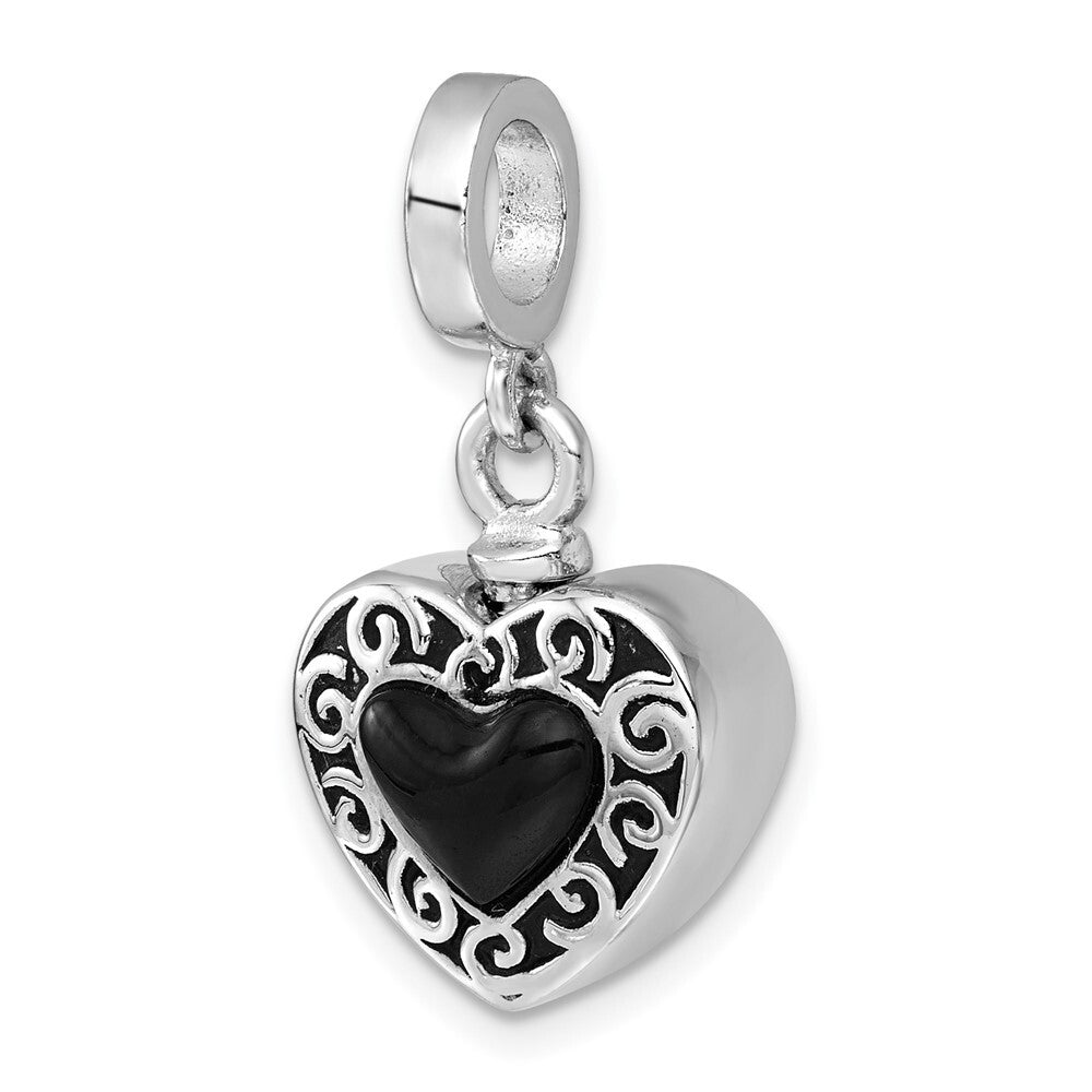Sterling Silver RH-plated Onyx Enameled Heart Ash Holder Bead/Pendant