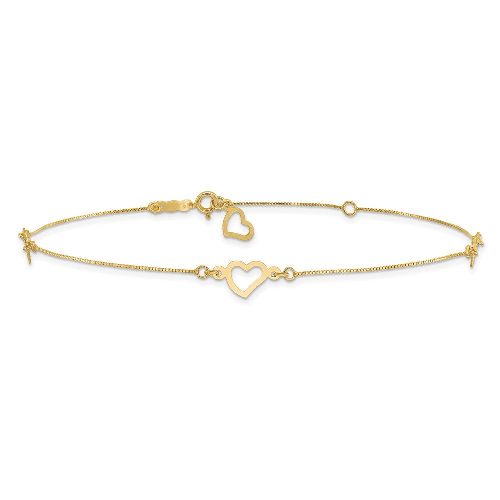 14k Yellow Gold Fancy Open Hearts 3-Station 11" Anklet