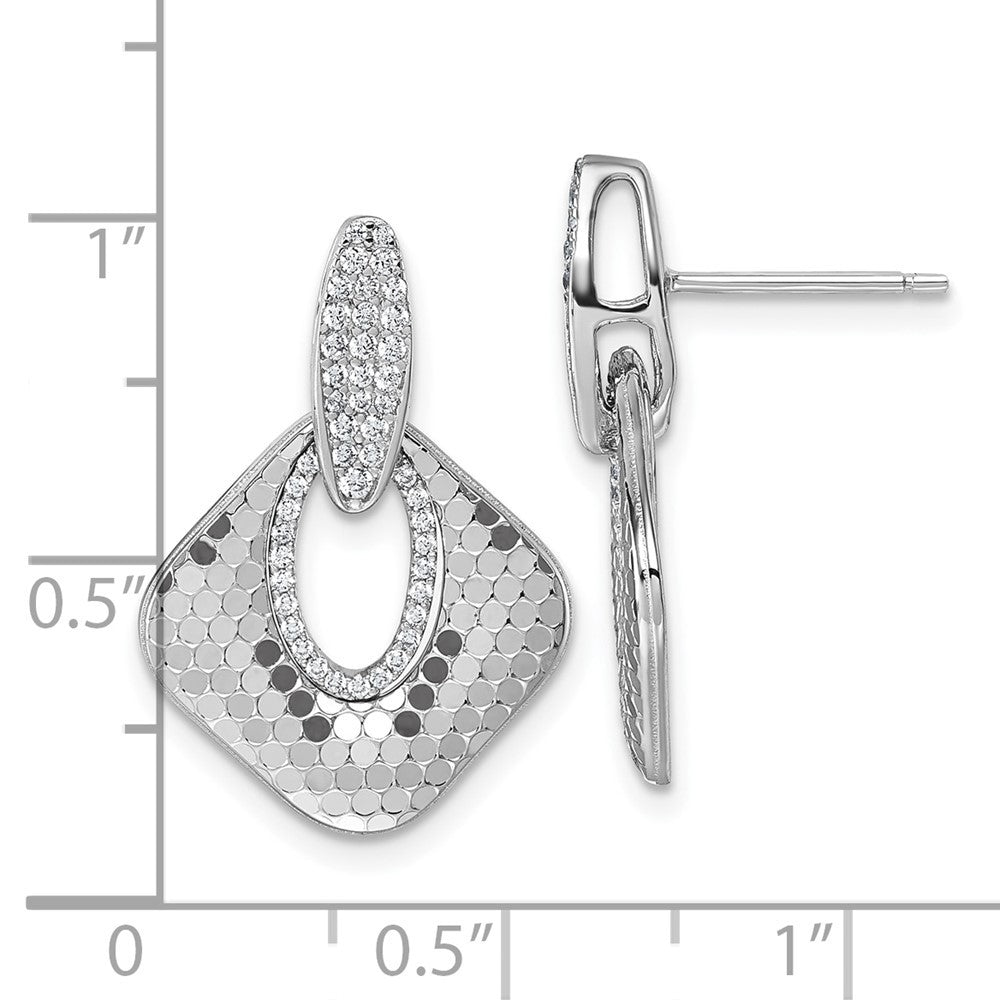 Sterling Silver Rhodium-plated CZ Polished Textured Doorknocker Dangle Earrings