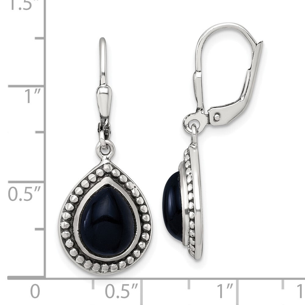 Sterling Silver Antiqued Onyx Teardrop Cabochon Leverback Dangle Earrings