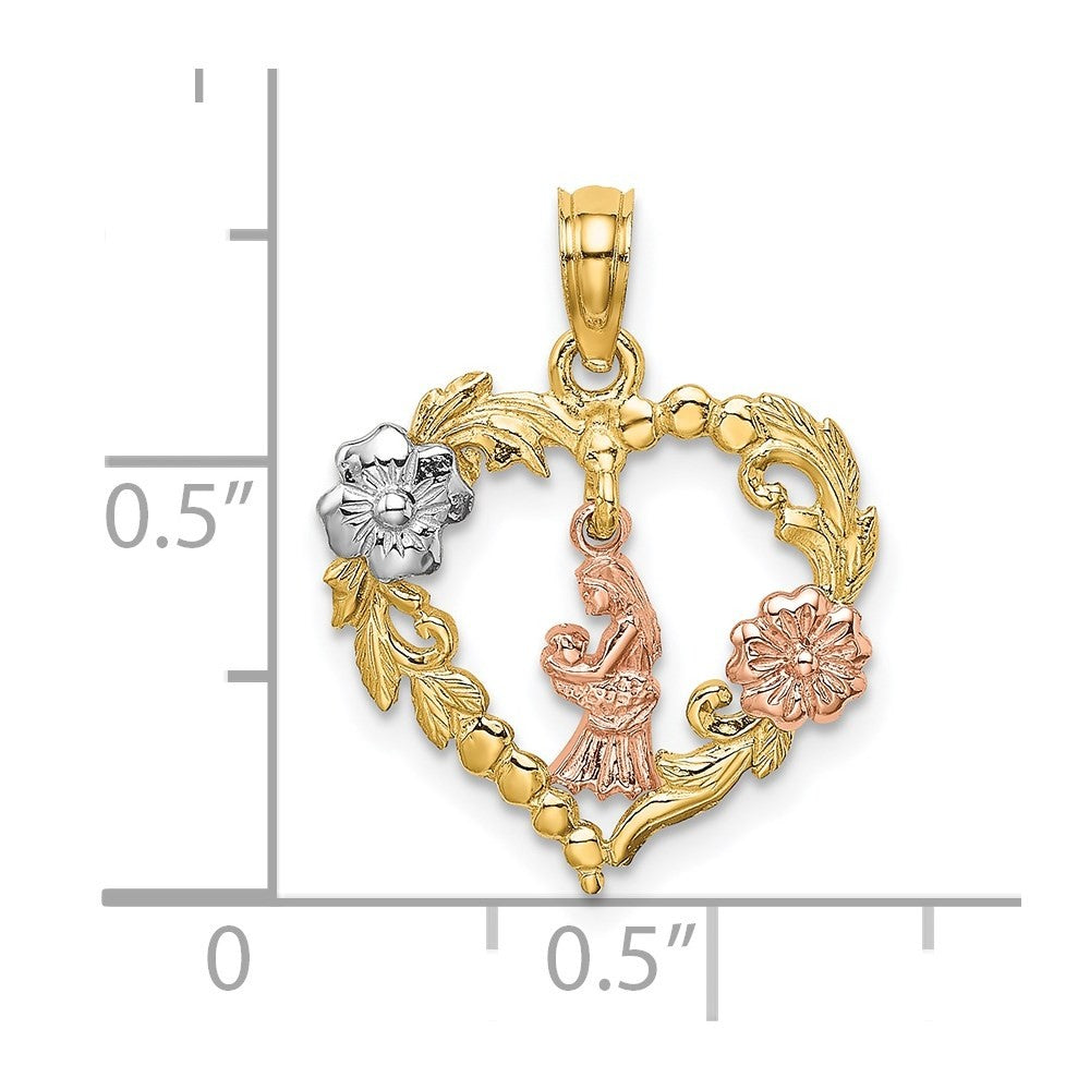 14k Two-tone with White Rhodium Mother and Baby with Flowers In Heart Charm
