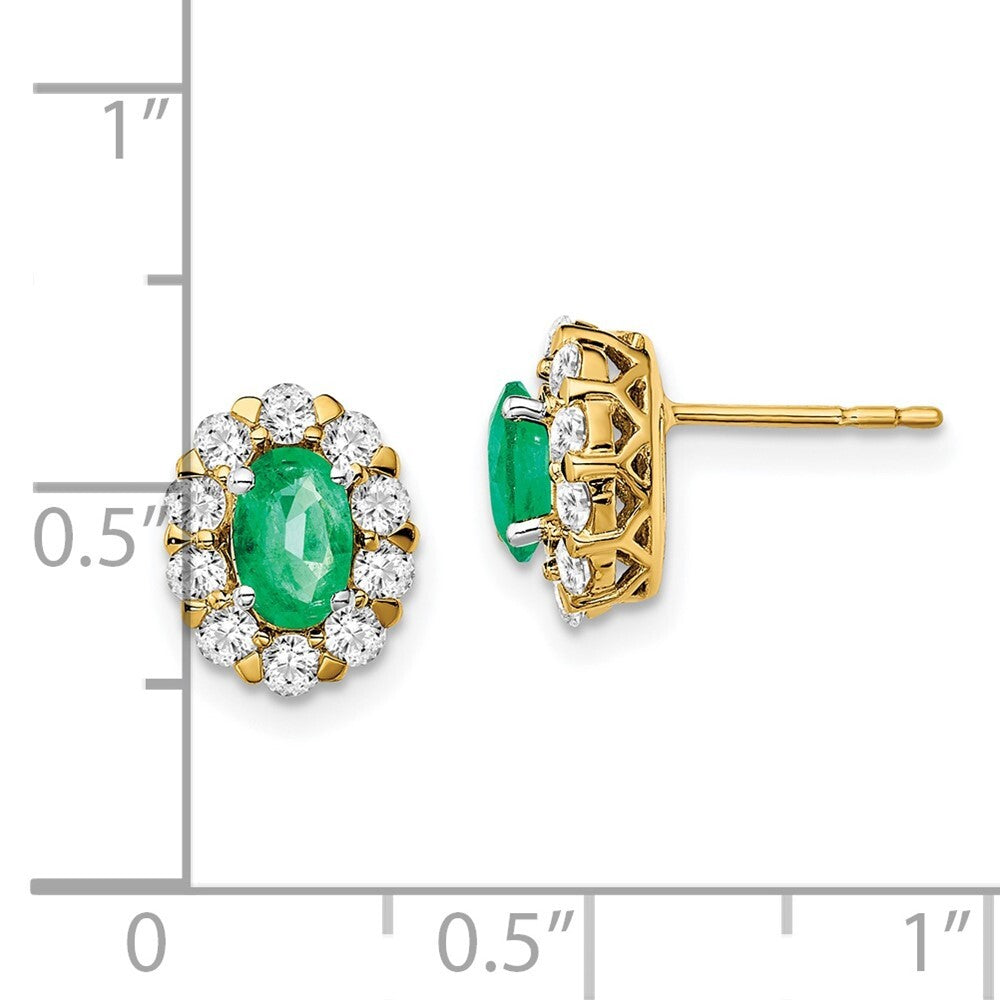 14k Yellow Gold Oval Emerald and Diamond Halo Stud Earrings