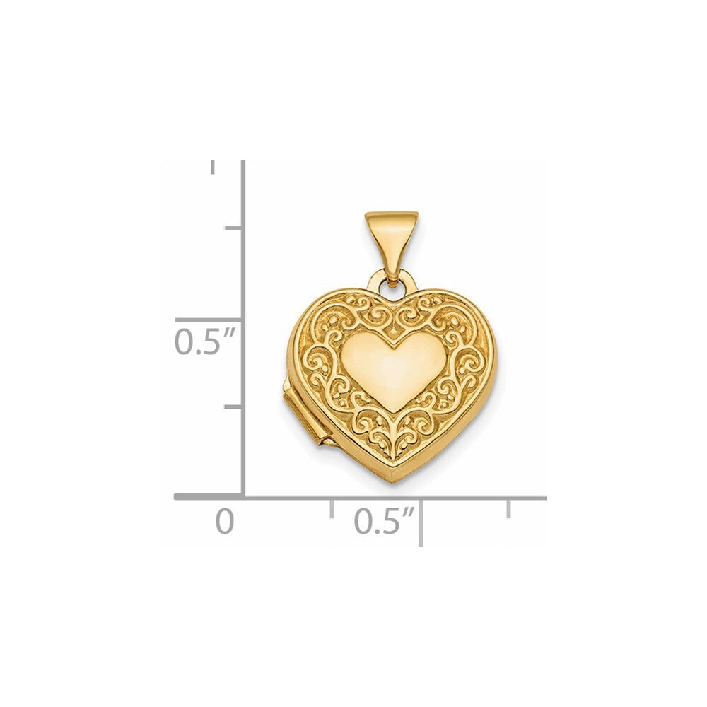 14k Yellow Gold Polished Scroll Design Reversible 15mm Heart Locket Pendant